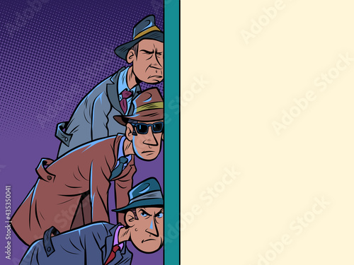 retro spies listening through the wall. A few men put their ear to it and learn the secrets