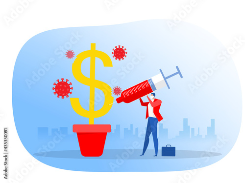 Businessman injecting vaccine into dollar protect covid 19, Vector illustration.