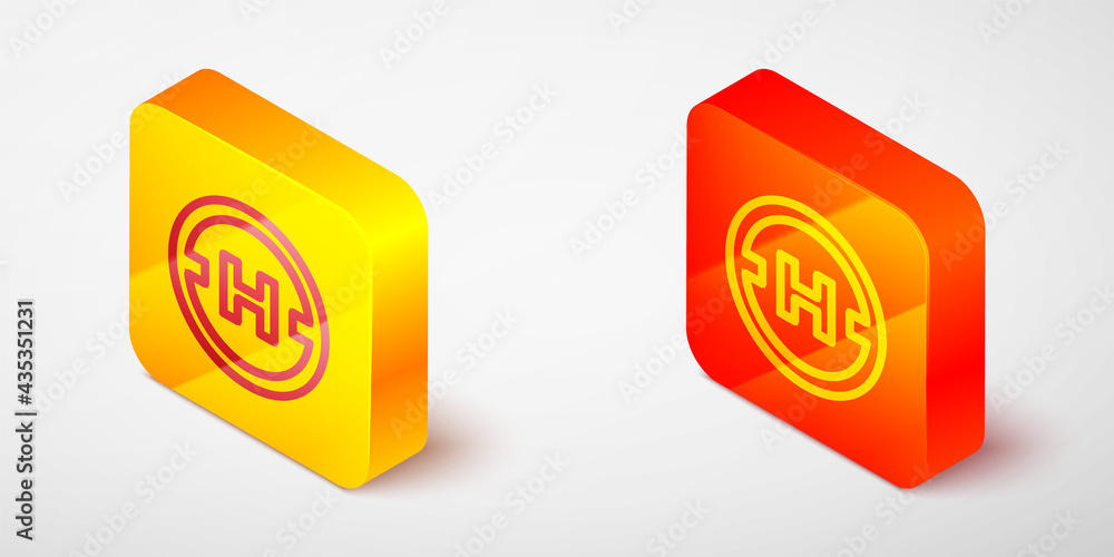 Isometric line Helicopter landing pad icon isolated on grey background. Helipad, area, platform, H letter. Yellow and orange square button. Vector Isometric line Helicopter landing pad icon isolated on grey background. Helipad, area, platform, H letter. Yellow and orange square button. Vector