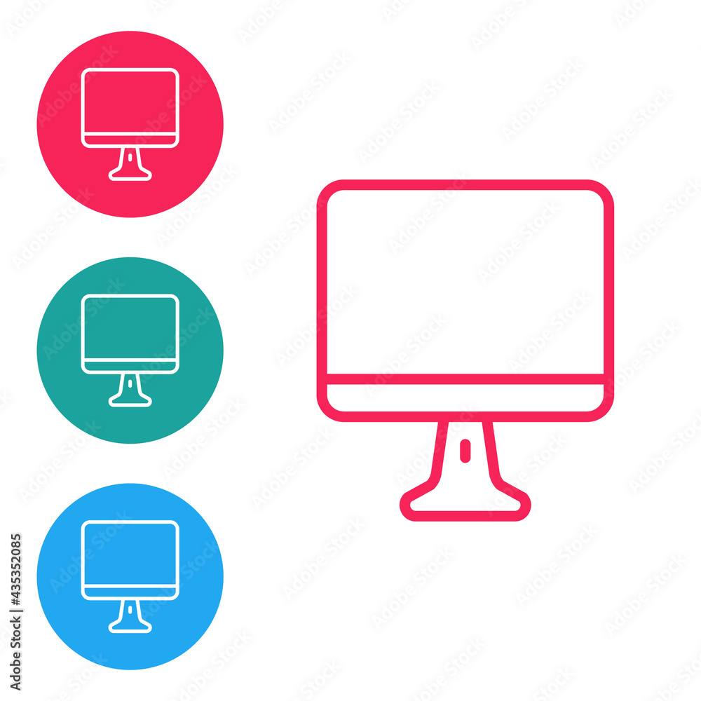 Red line Computer monitor screen icon isolated on white background. Electronic device. Front view. Set icons in circle buttons. Vector Red line Computer monitor screen icon isolated on white background. Electronic device. Front view. Set icons in circle buttons. Vector