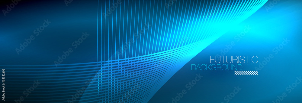 Abstract neon glowing light in the dark with waves. Shiny magic energy and motion concept, vector abstract wallpaper background Abstract neon glowing light in the dark with waves. Shiny magic energy and motion concept, vector abstract wallpaper background