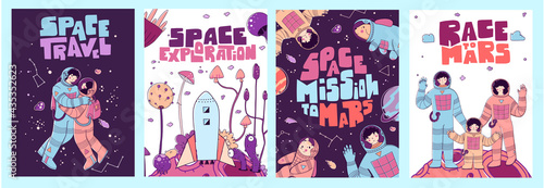 Postcards posters space, people on mars, space travel. Fantastic hand drawn banner with postcards posters space