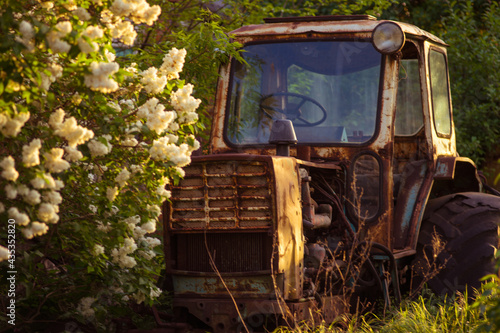 Old abandoned tractor in a spring garden at sunset