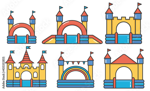 Set of inflatable bouncy castles and children hills on playground. Childhood activity in the park. Flat style illustration