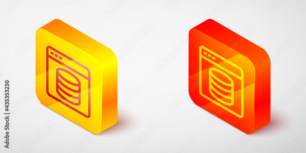 Isometric line Server, Data, Web Hosting icon isolated on grey background. Yellow and orange square button. Vector