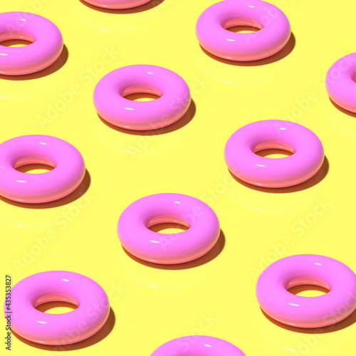3D render. Pattern of pink rubber circles for swimming on yellow background. Minimalistic style, aesthetic and surrealism. Summer vacation vibes.
