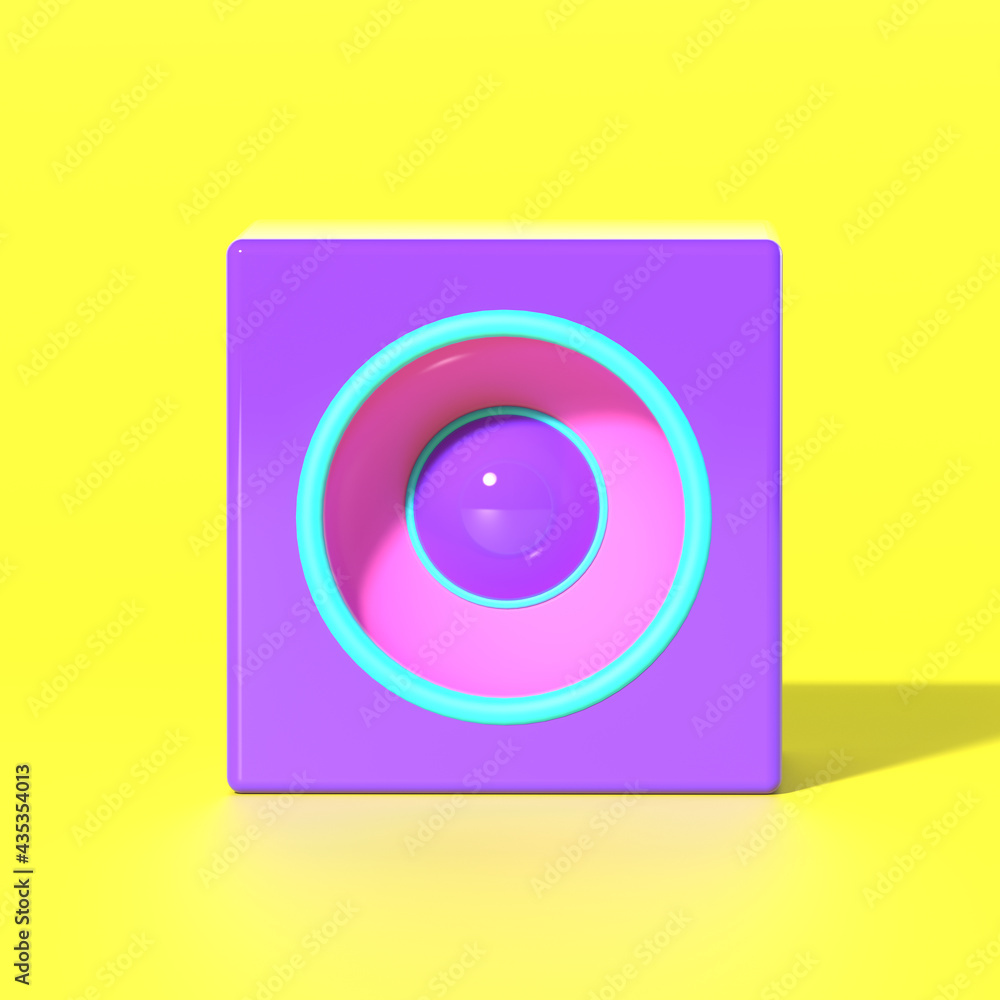 3d render. Portable music speaker in purple on a yellow background. Creative party and volume control. 3d render. Portable music speaker in purple on a yellow background. Creative party and volume control.