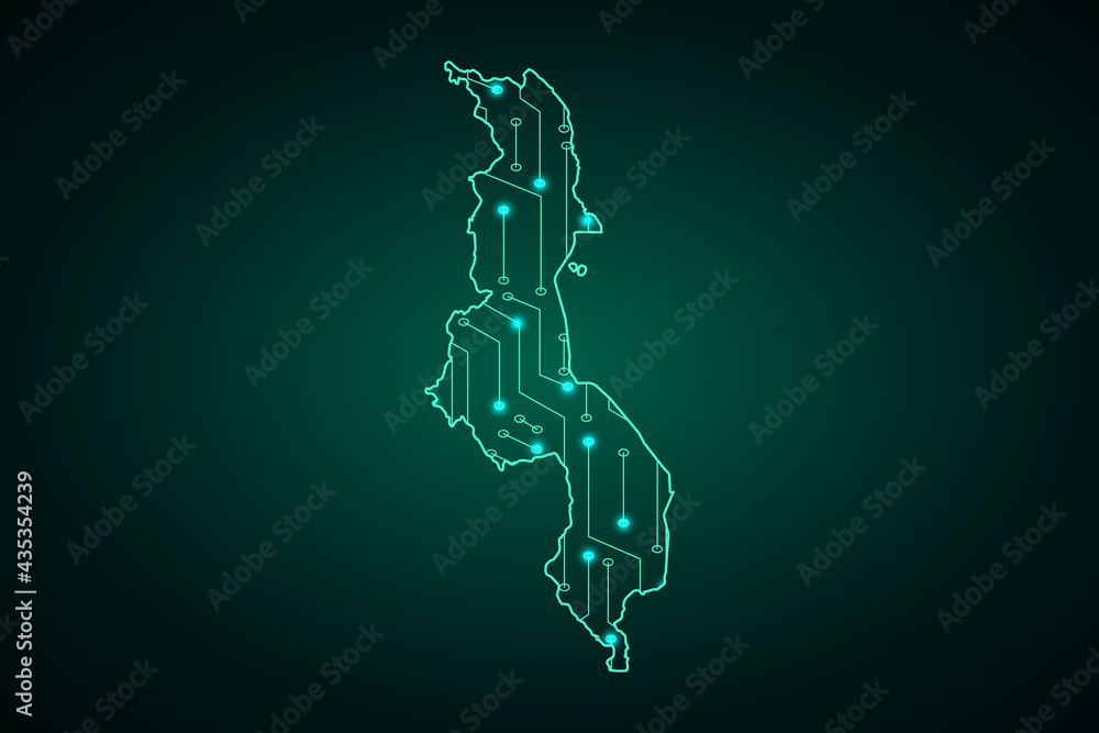 Map of Malawi, network line, design sphere, dot and structure on dark background with Map Malawi, Circuit board. Vector illustration. Eps 10