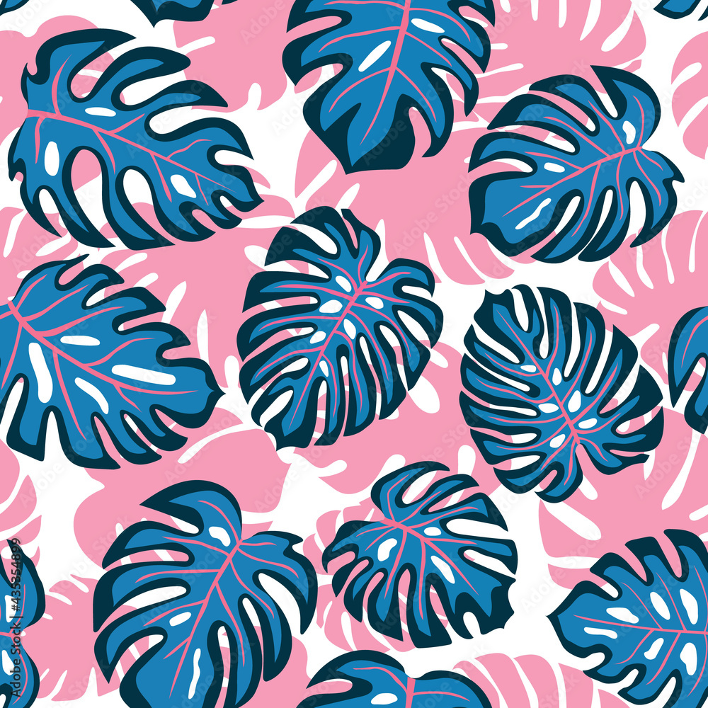 Tropical seamless pattern with blue and pink monstera leaves and pink plant silhouettes on background Tropical seamless pattern with blue and pink monstera leaves and pink plant silhouettes on background