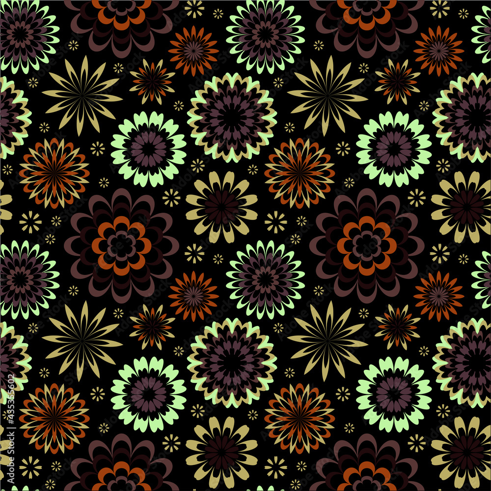 Floral seamless pattern different flowers on black background