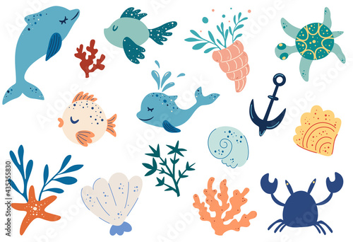 Set of marine fishes, animals and plants. Dolphins, fish, starfish, seashells, Seaweed. Marine theme. Ocean life. Underwater. Big nautical clipart with marine inhabitants. Vector flat illustration.