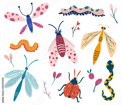 Big set of doodle insects. Beetle  butterfly  moth  worm  dragonfly  snake. Insects collection. Butterflies and moths with plants. Hello spring floral card  banner. Vector cartoon flat illustration.