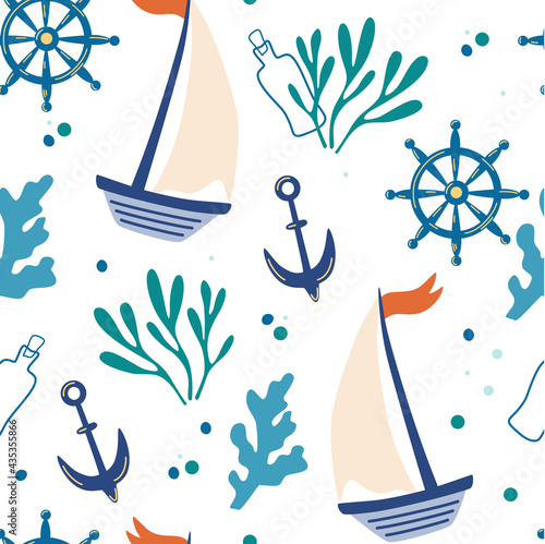 Seamless pattern with ships anchors and seaweed. Background with marine elements. Cute texture for kids room design, Wallpaper, textiles, wrapping paper, apparel. Vector cartoon flat illustration.