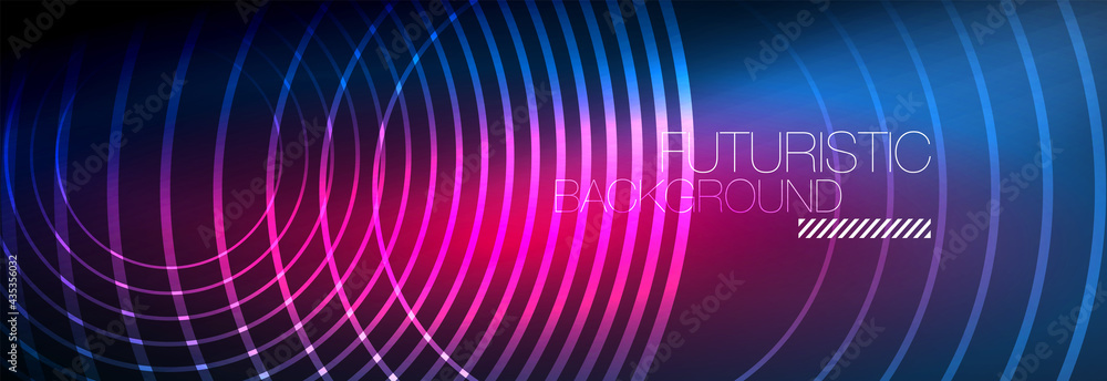 Dark abstract background with glowing neon circles. Trendy layout template for business or technology presentation, internet poster or web brochure cover, wallpaper