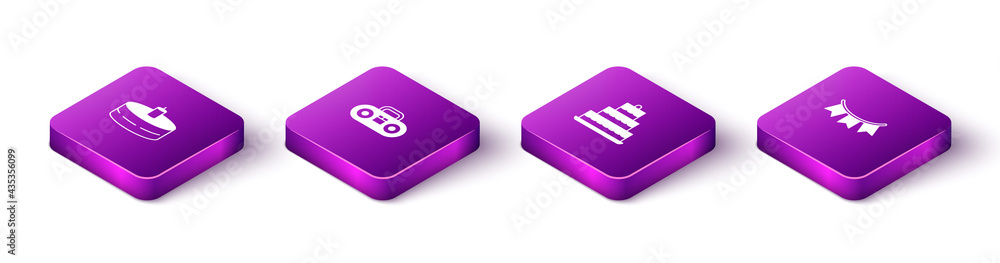 Set Isometric Cake with burning candles, Home stereo two speakers, and Carnival garland flags icon. Vector Set Isometric Cake with burning candles, Home stereo two speakers, and Carnival garland flags icon. Vector