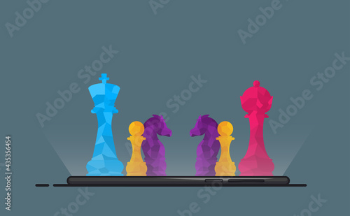 Concept illustration of chess online game with smartphone and chess pieces on it. King, pawns, knight, and Queen