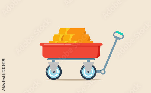 Vector illustration of red wheelbarrow wagon with hand trolley and bar of gold isolated on a light background