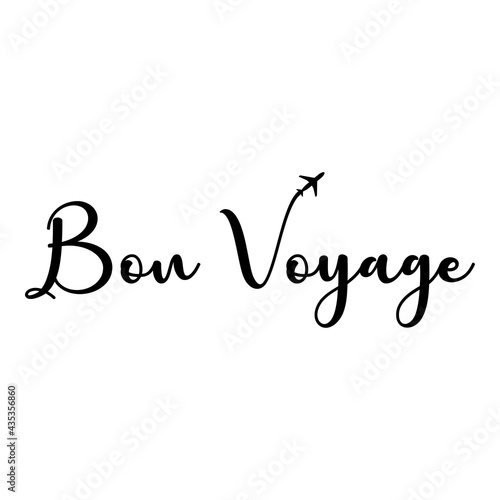 Banner con texto manuscrito bon voyage escrito a mano en francés con silueta de avión en color negro