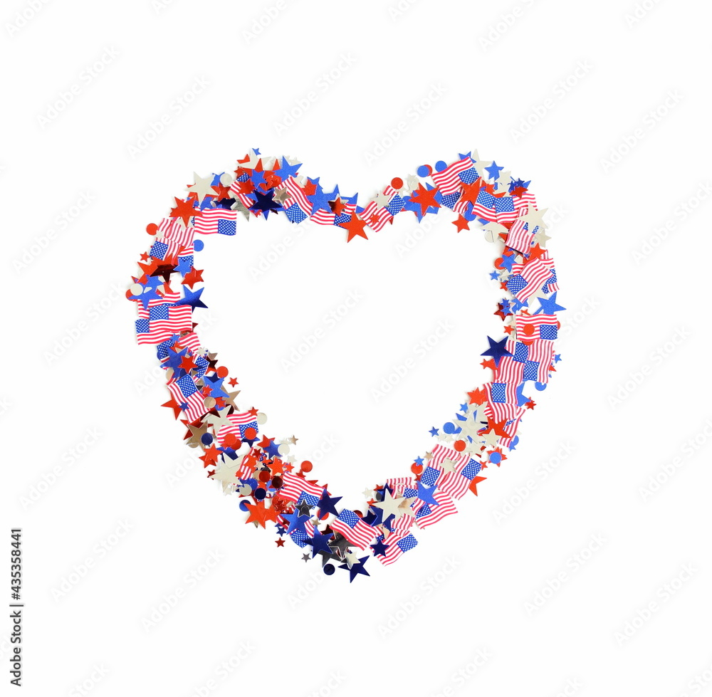 4th of July USA Independence Day confetti heart decorations american flag colors top view isolated. Copy space. Celebration memorial day in America.