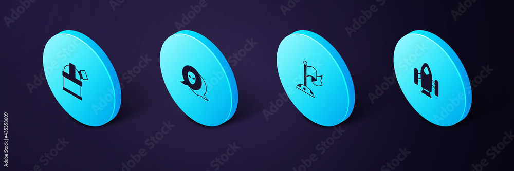 Set Isometric Rocket ship, Moon with flag, Alien and Astronomical observatory icon. Vector Set Isometric Rocket ship, Moon with flag, Alien and Astronomical observatory icon. Vector