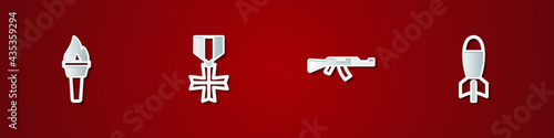 Set Torch flame, Military reward medal, Submachine gun and Rocket launcher icon. Vector