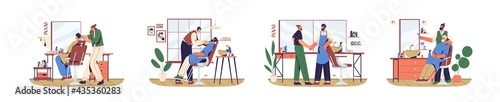 Set of barbers making haircuts for men in modern barbershop. Hairstylists caring about clients' hair and beards. Colored flat vector illustration of people in barber shop isolated on white background