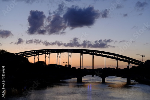 The silhouette of a bridge in Paris, France. Austerlitz and Seine river, the 4th may 2021. 