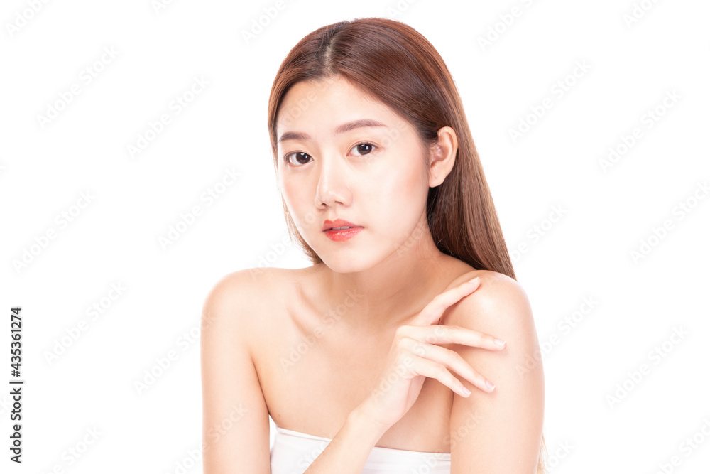Clean fresh beautiful young Asian woman with fresh skin on white background. Beautiful Girl beauty face care and Facial treatment. Woman with clear skin isolated on white. Clean fresh beautiful young Asian woman with fresh skin on white background. Beautiful Girl beauty face care and Facial treatment. Woman with clear skin isolated on white.