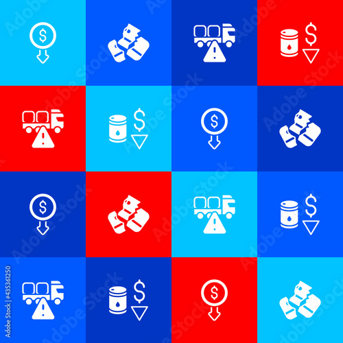 Set Dollar rate decrease, Credit card, Stop delivery cargo truck and Drop in crude oil price icon. Vector
