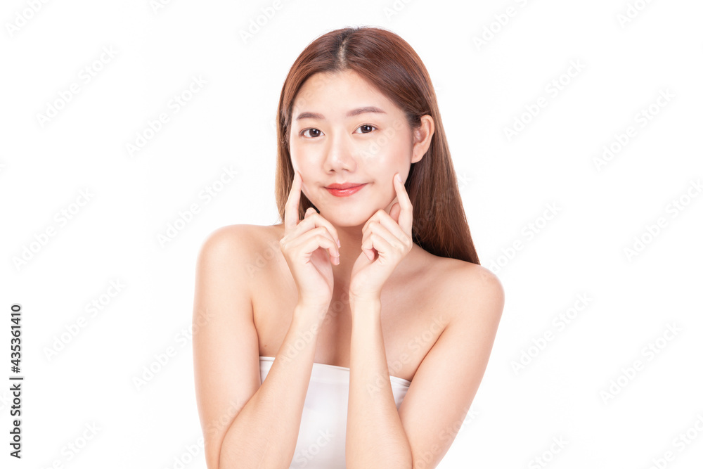 Clean fresh beautiful young Asian woman with fresh skin on white background. Beautiful Girl beauty face care and Facial treatment. Woman with clear skin isolated on white. Clean fresh beautiful young Asian woman with fresh skin on white background. Beautiful Girl beauty face care and Facial treatment. Woman with clear skin isolated on white.