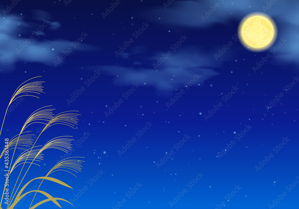 秋の夜中のススキと満月のベクターイラストフレーム背景 Stock Vector Adobe Stock