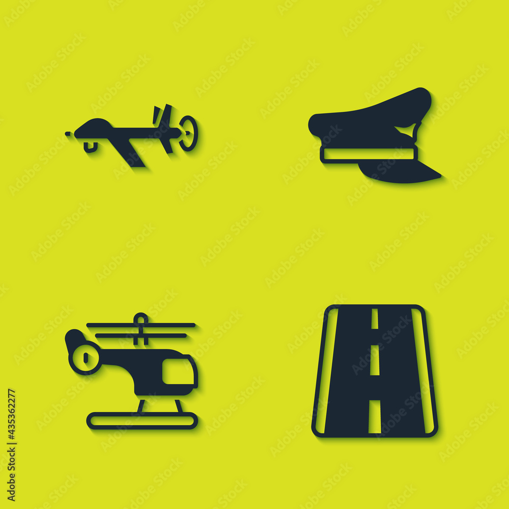 Set UAV Drone, Airport runway, Helicopter and Pilot hat icon. Vector Set UAV Drone, Airport runway, Helicopter and Pilot hat icon. Vector