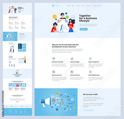One page website design template. Vector illustration concept for web design and development on the topic of seo, app development, online business solutions.  