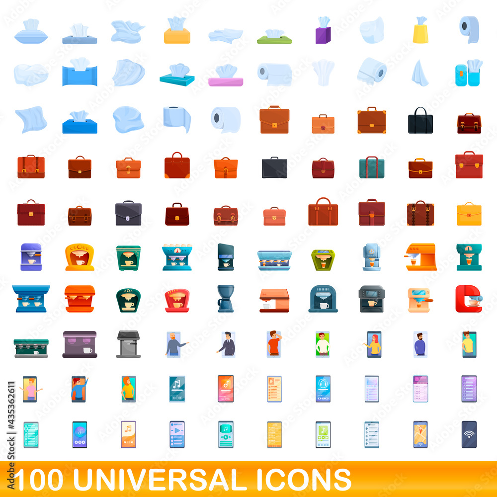 100 universal icons set. Cartoon illustration of 100 universal icons vector set isolated on white background 100 universal icons set. Cartoon illustration of 100 universal icons vector set isolated on white background