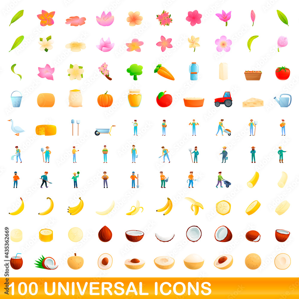 100 universal icons set. Cartoon illustration of 100 universal icons vector set isolated on white background 100 universal icons set. Cartoon illustration of 100 universal icons vector set isolated on white background