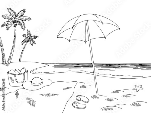 Sea coast beach graphic black white landscape sketch illustration vector 