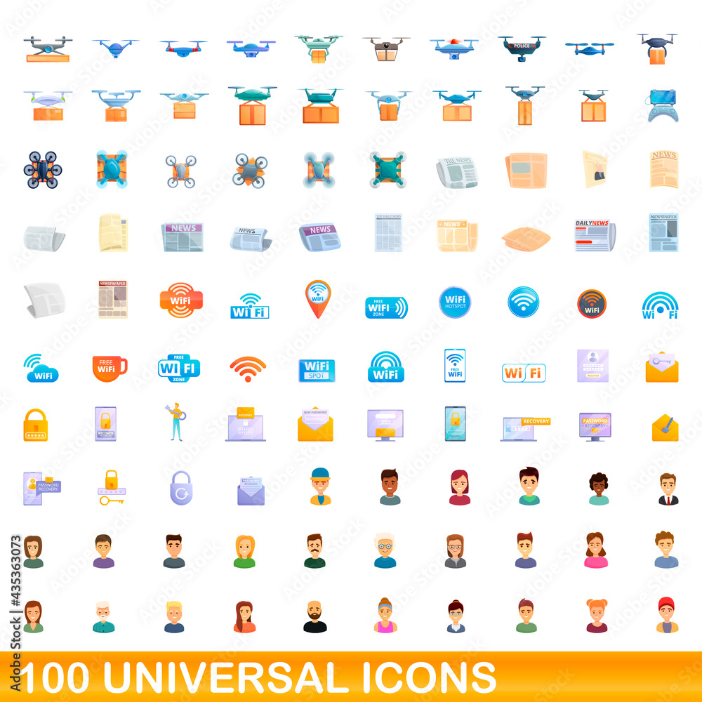 100 universal icons set. Cartoon illustration of 100 universal icons vector set isolated on white background 100 universal icons set. Cartoon illustration of 100 universal icons vector set isolated on white background