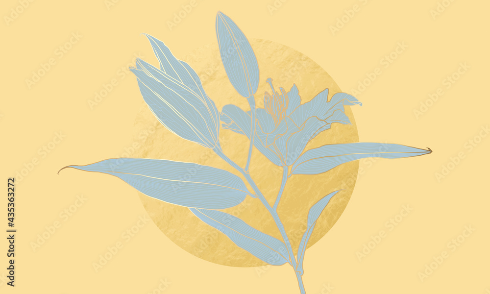 Luxurious lily flower in art deco style light blue silhouette with gold outline and gold foil circle on yellow. Wallpaper design for print, poster, cover, banner, invitation, postcard. 