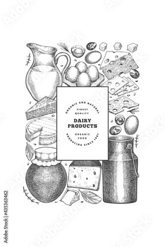 Farm food design template. Hand drawn vector dairy illustration. Engraved style different milk products and eggs banner. Retro food background.