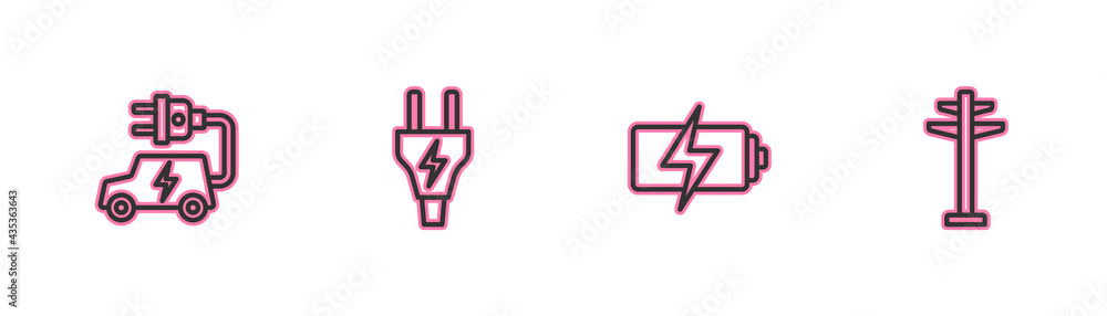 Set line Electric car, Battery, plug and tower icon. Vector Set line Electric car, Battery, plug and tower icon. Vector