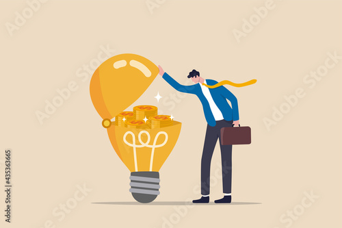 Make money idea, innovation or technology investment or creativity to make profit concept, smart businessman open bright lightbulb idea and found compound earning profit money coins.