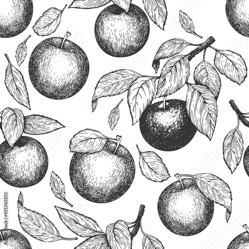 Apple branch seamless pattern. Hand drawn vector garden fruit illustration. Engraved style fruit retro botanical banner.