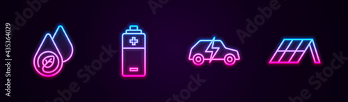 Set line Water energy, Battery, Electric car and Solar panel. Glowing neon icon. Vector