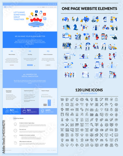 One page website design template. Set of vector illustrations and icons for web design and development. A complete solution for creating a web design.