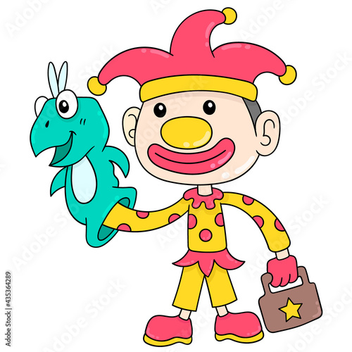 a clown is in action with a comedian carrying a hand puppet is telling a story, doodle icon image kawaii