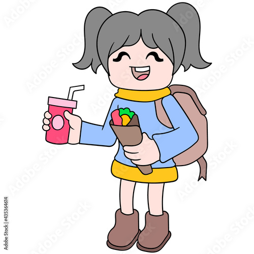 girls coming home from school stop by to buy food kebabs and soft drinks, doodle icon image kawaii