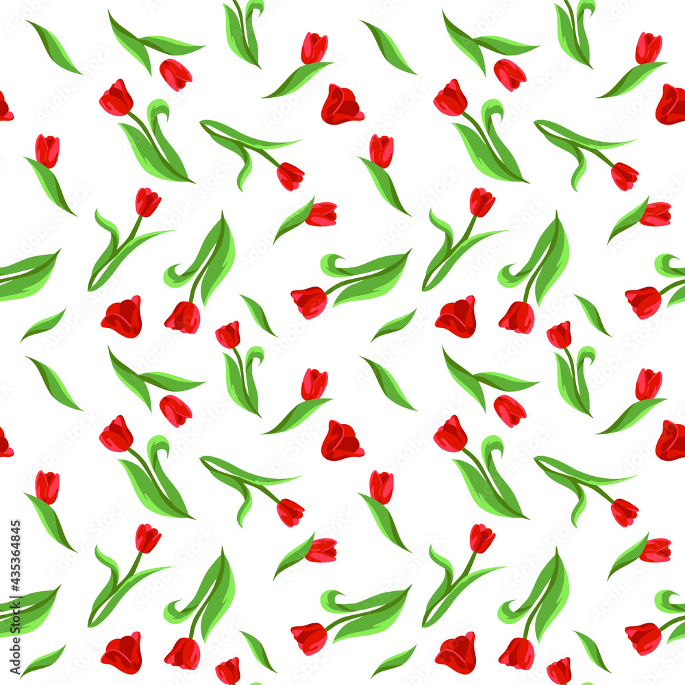 Vector seamless floral pattern with red tulips and leaves on a white background. Vector seamless floral pattern with red tulips and leaves on a white background.