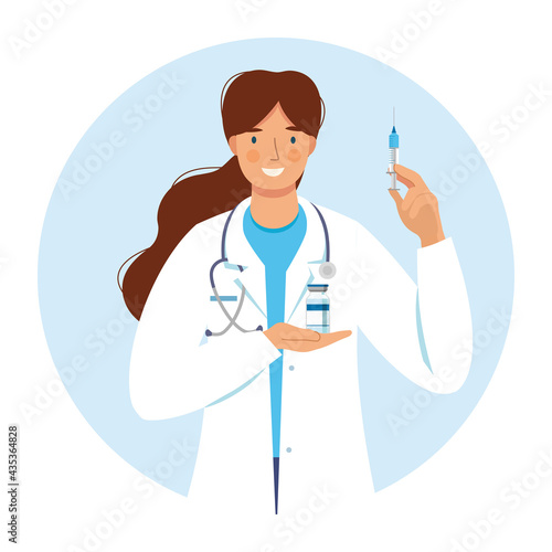 Female doctor holding syringe with  COVID-19 vaccine injection vector icon.Medical consultation.Time to vaccination for immunity health concept.Coronavirus prevention.Global pandemic.Immunization