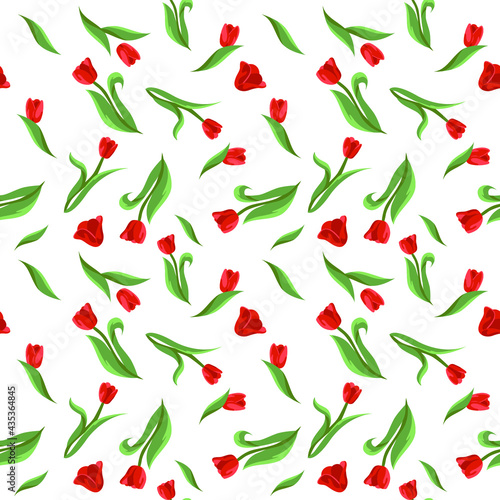 Vector seamless floral pattern with red tulips and leaves on a white background.