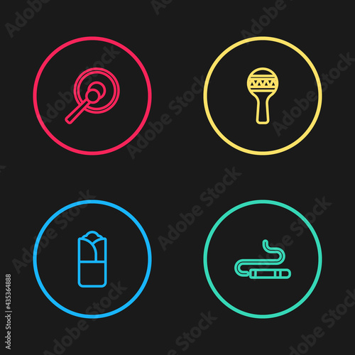 Set line Burrito, Cigar, Maracas and Gong icon. Vector